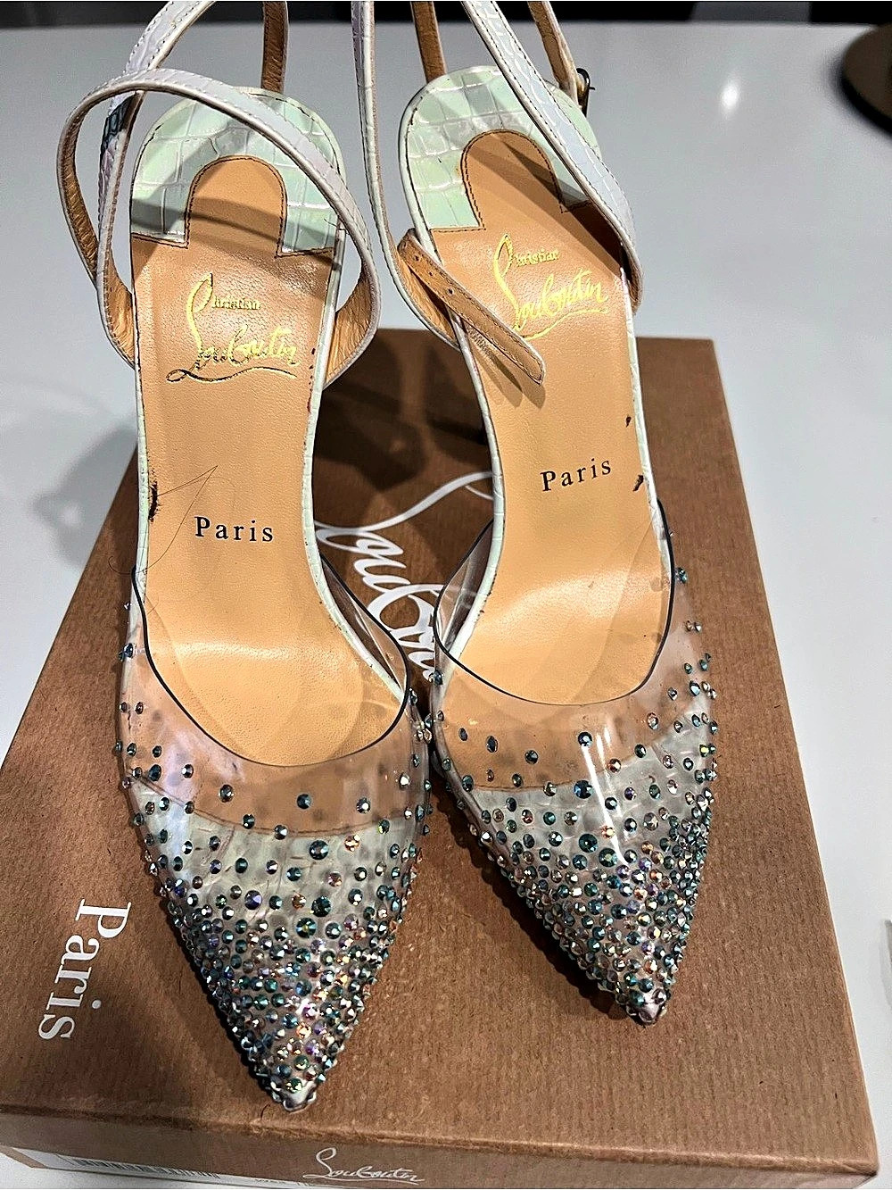 Christian Louboutin Pigalle Follies Crystal Embellished Heels Silver US 9B Like